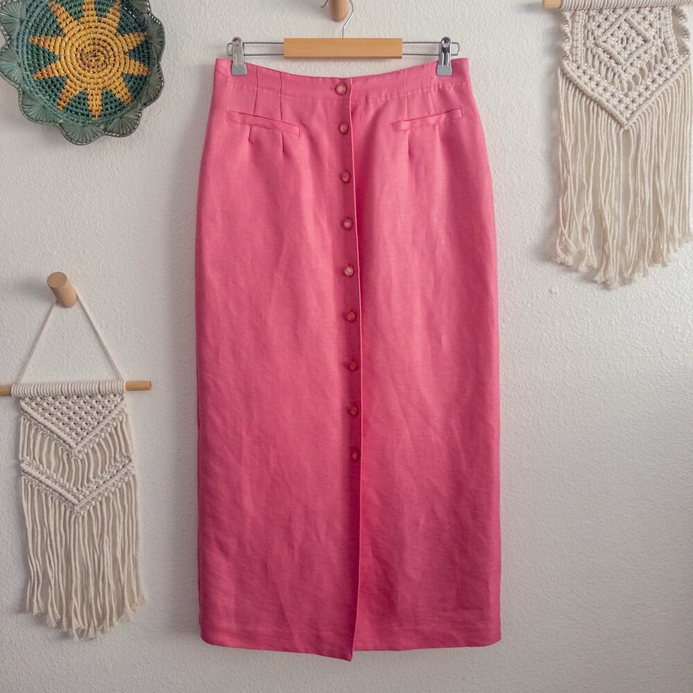 Emma James Vintage Pink Button Front Linen Blend Pencil Midi Skirt Size 10